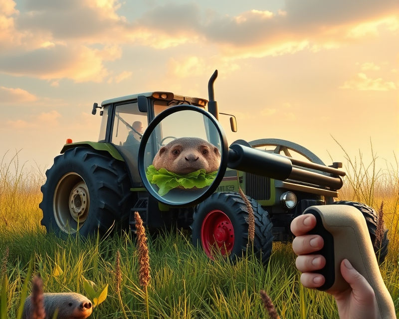 tractor, sandwich, magnifying glass, gun, manatee